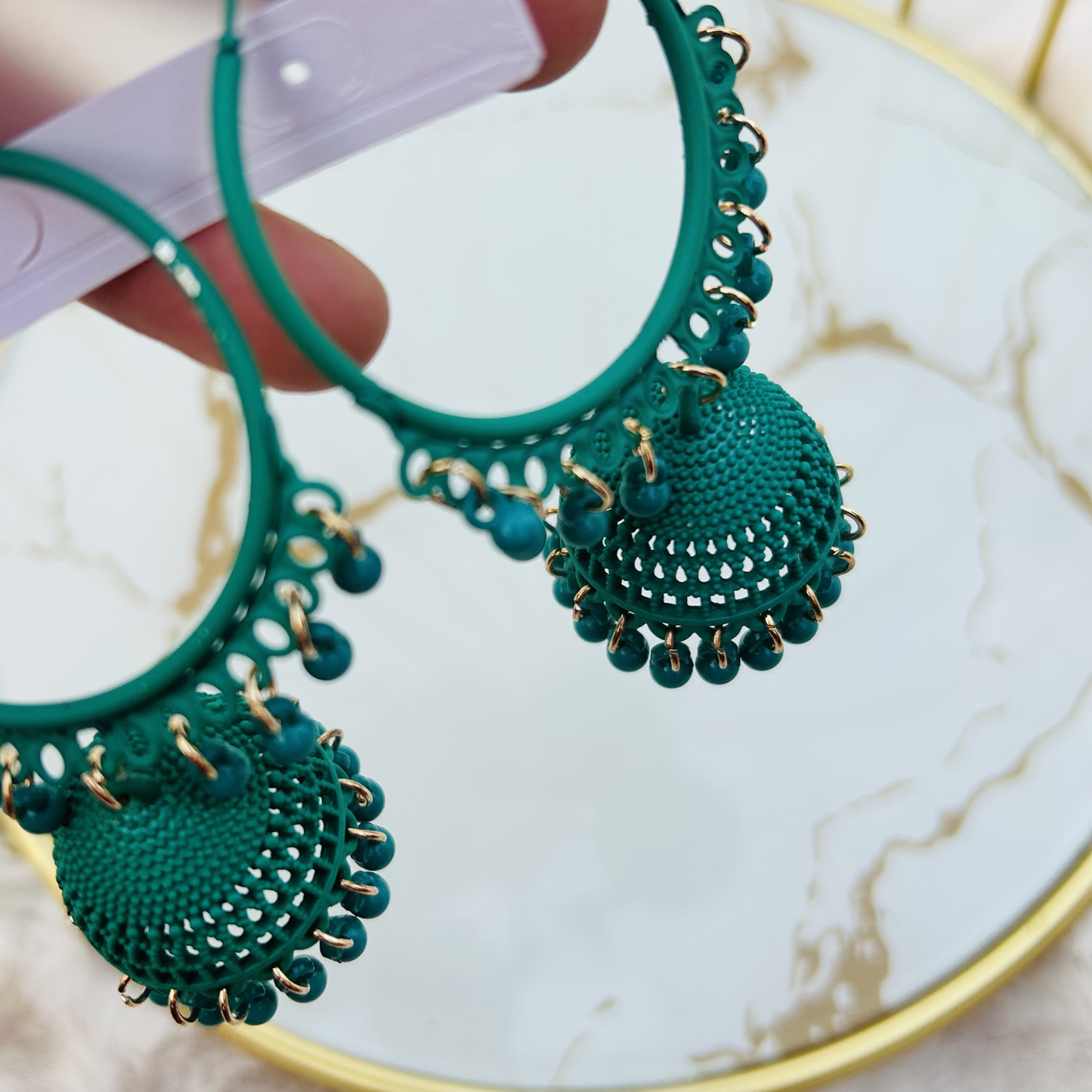 Zayan Series Fusion Hoop Jhumkas (Forest Green)