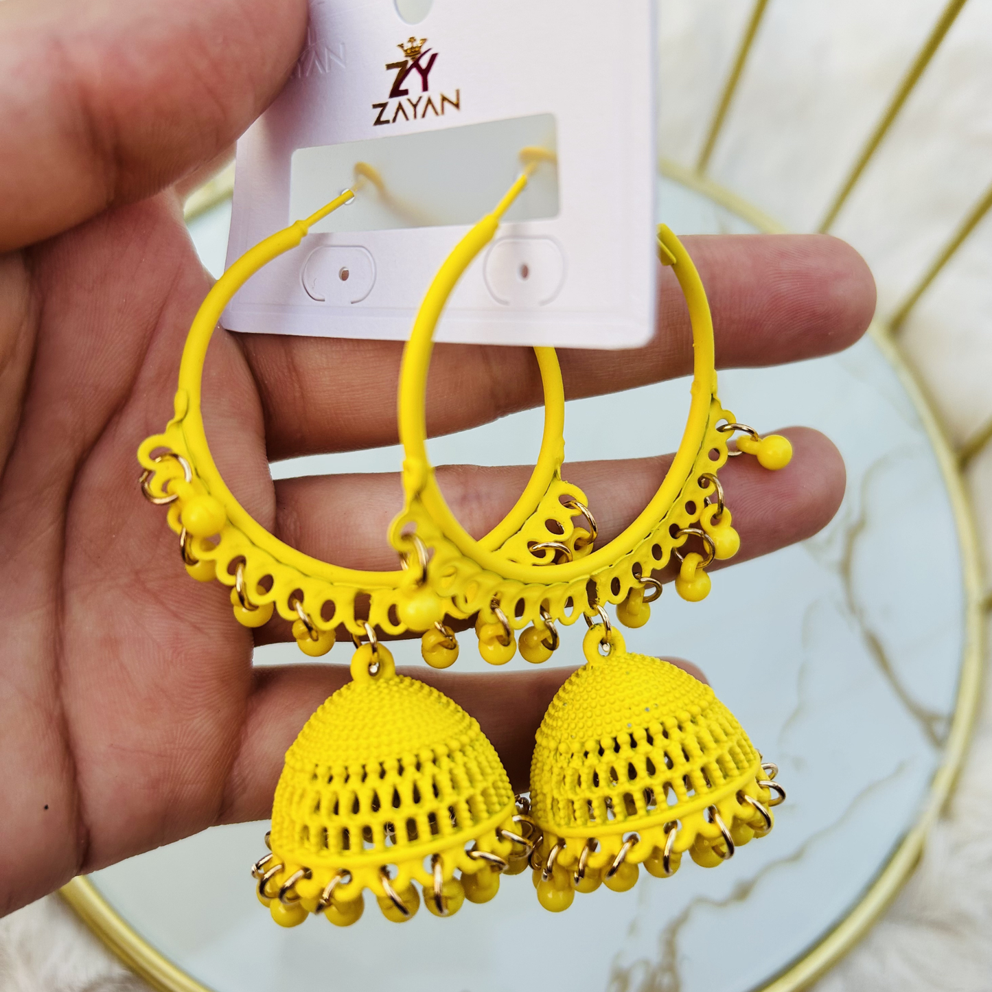 Zayan Series Fusion Hoop Jhumkas (Bright Yellow)