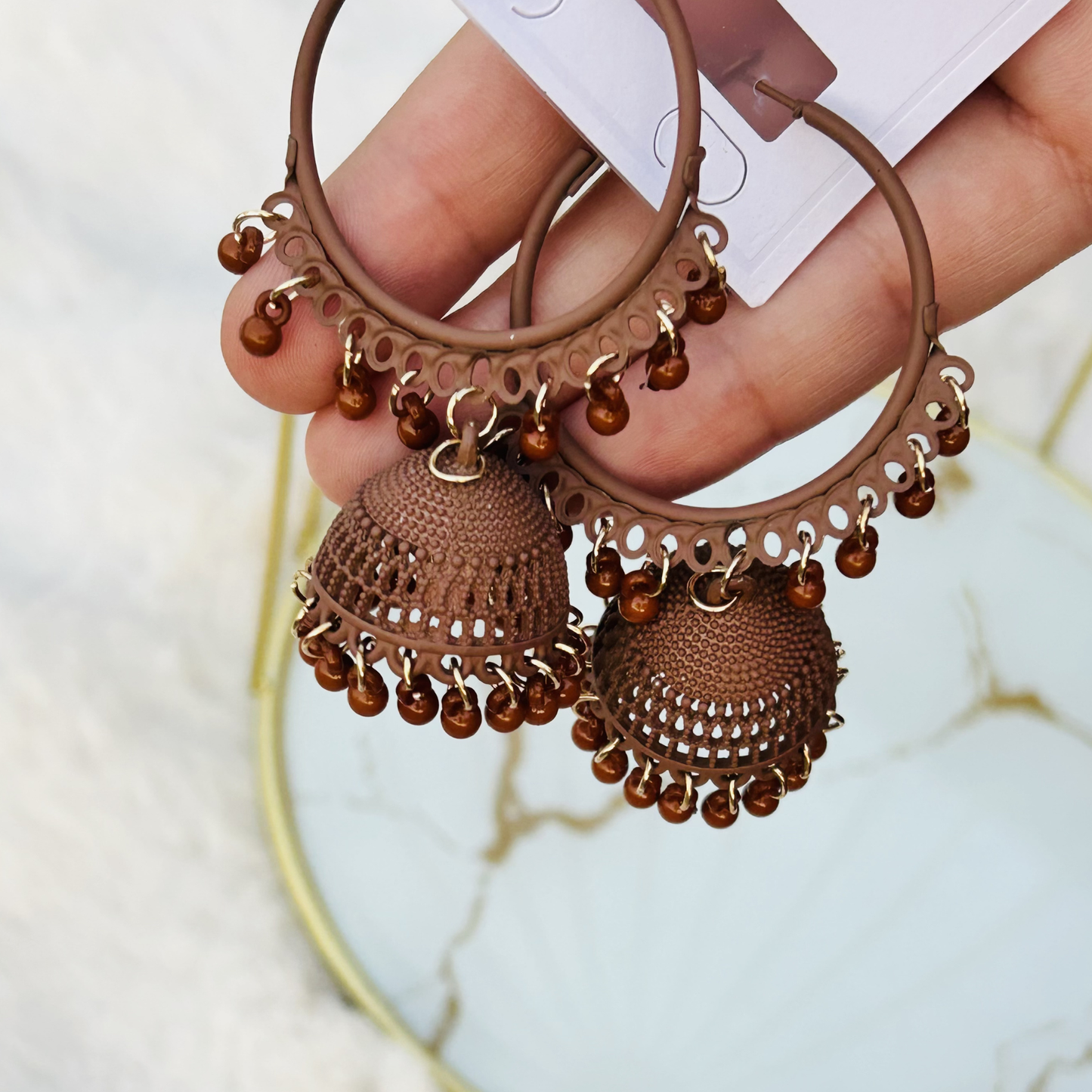 Zayan Series Fusion Hoop Jhumkas (Chocolate Brown)