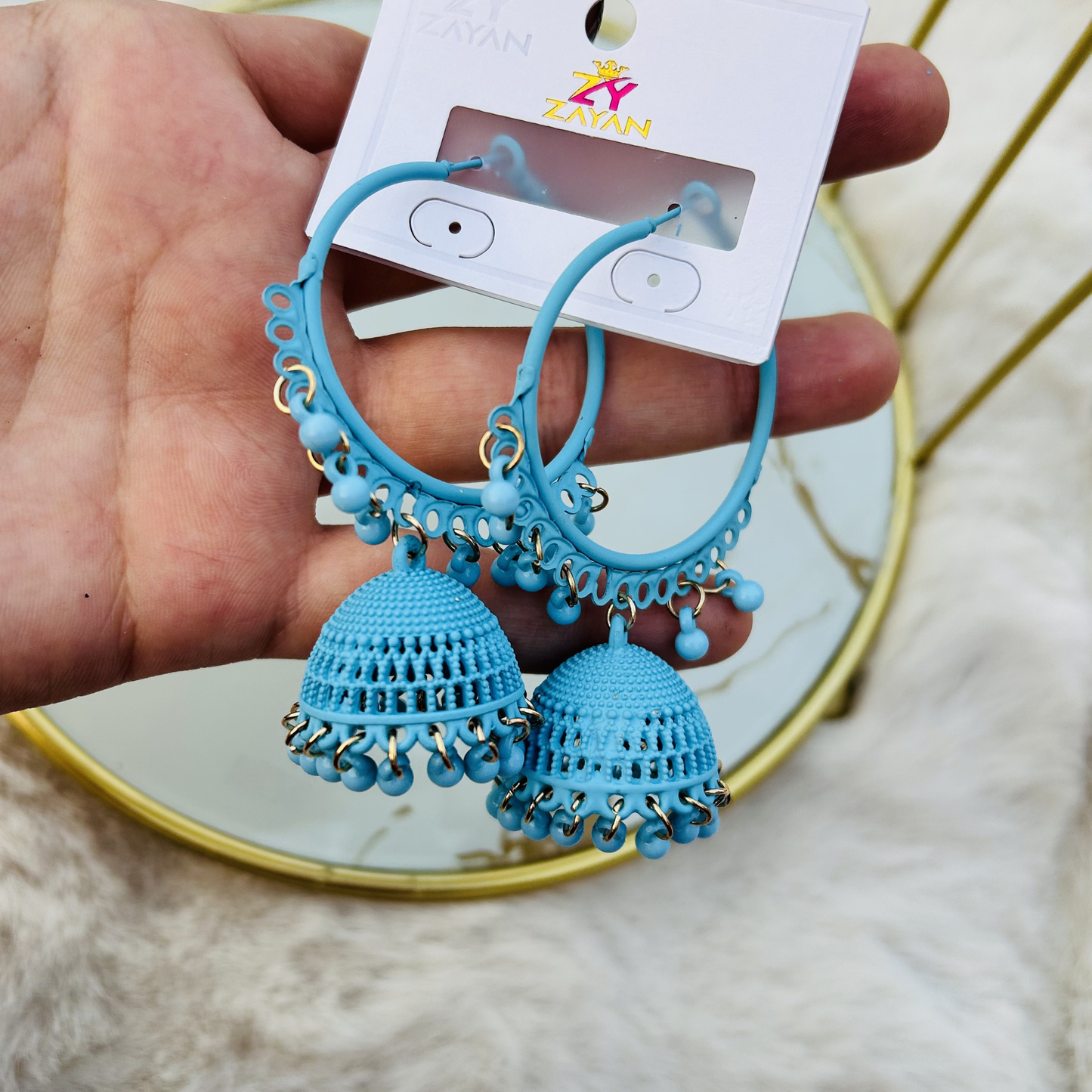 Zayan Series Fusion Hoop Jhumkas (Cyan Splash)