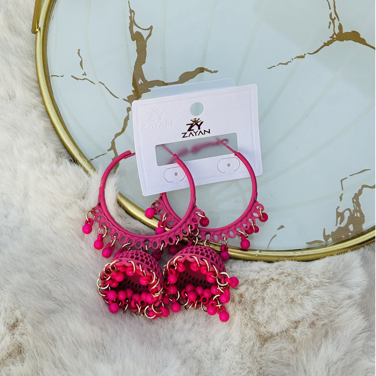 Zayan Series Fusion Hoop Jhumkas (Hot Pink)