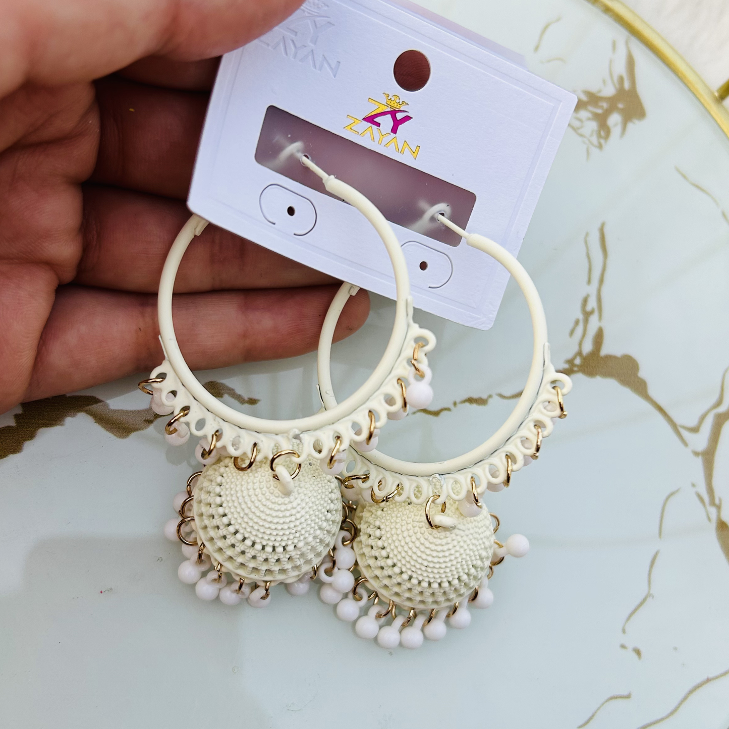Zayan Series Fusion Hoop Jhumkas (Vanilla White)