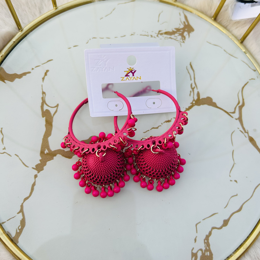 Zayan Series Fusion Hoop Jhumkas (Hot Pink)
