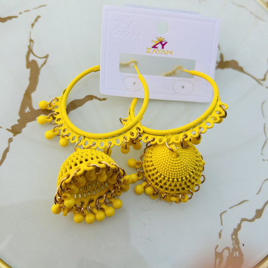 Zayan Series Fusion Hoop Jhumkas (Bright Yellow)