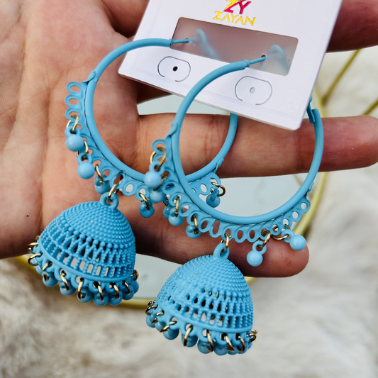 Zayan Series Fusion Hoop Jhumkas (Cyan Splash)