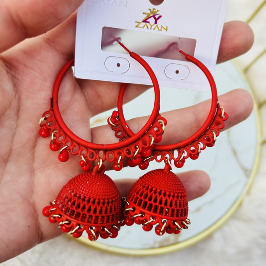 Zayan Series Fusion Hoop Jhumkas (Rosy Red)