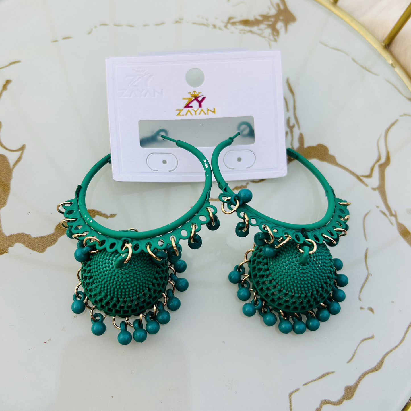 Zayan Series Fusion Hoop Jhumkas (Forest Green)