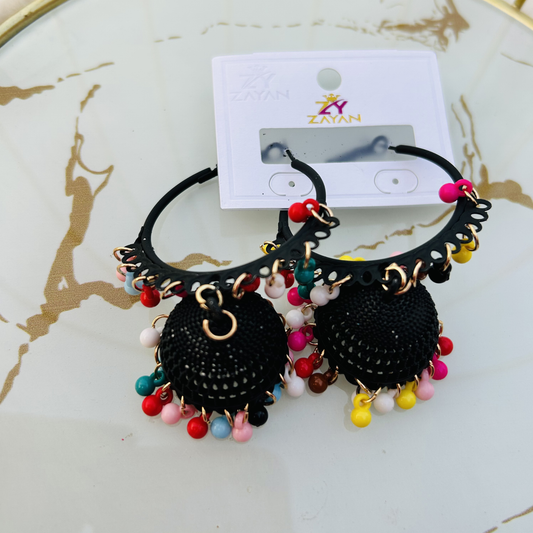 Zayan Series Fusion Hoop Jhumkas With Beads (Black)