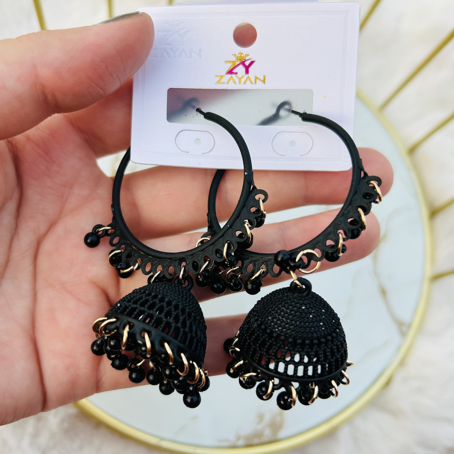 Zayan Series Fusion Hoop Jhumkas Without Beads (Black)