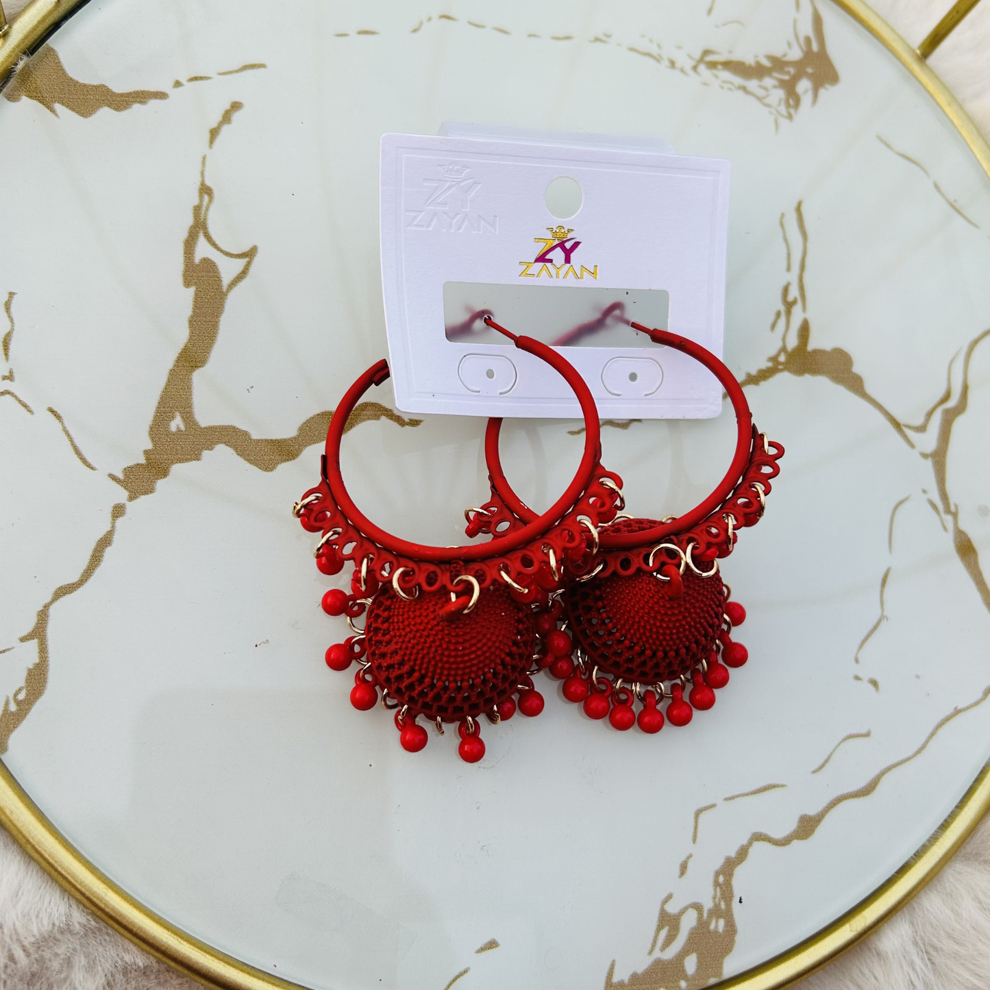 Zayan Series Fusion Hoop Jhumkas (Rosy Red)