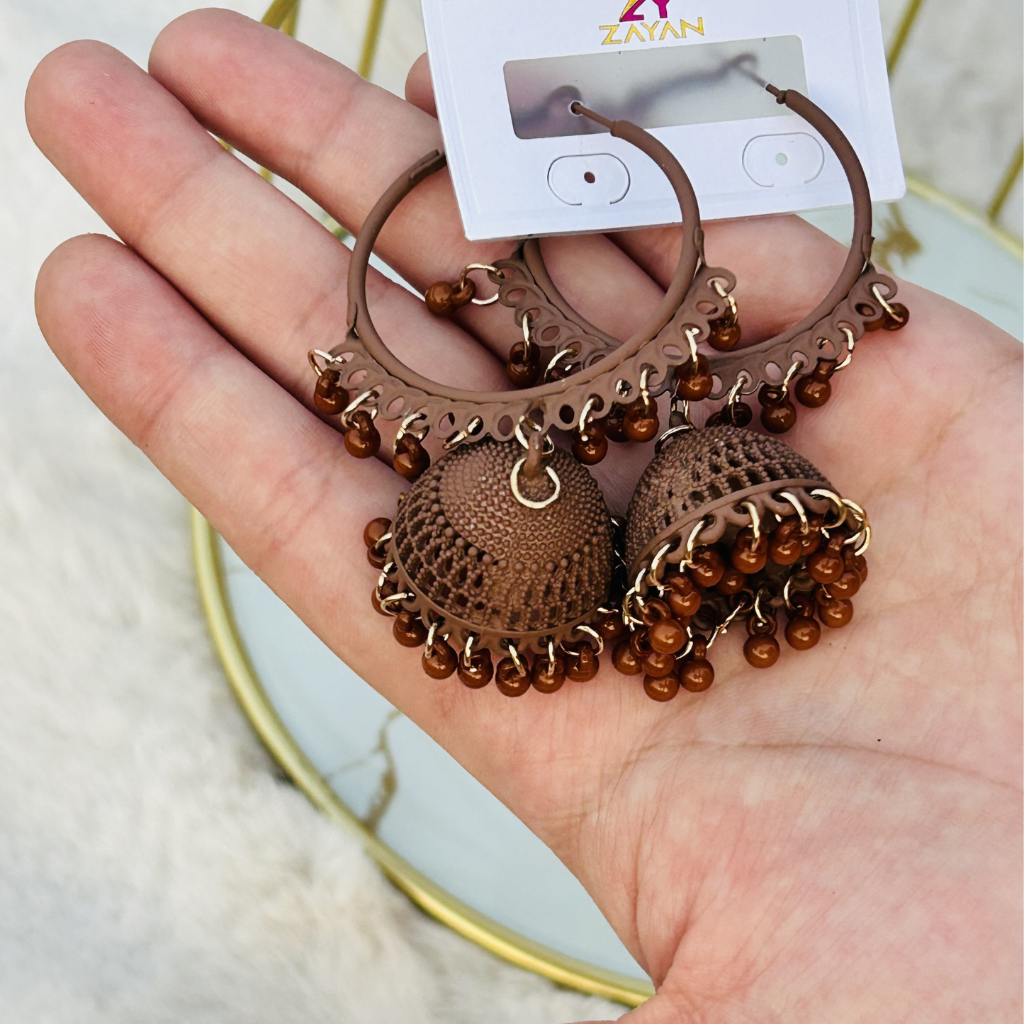 Zayan Series Fusion Hoop Jhumkas (Chocolate Brown)