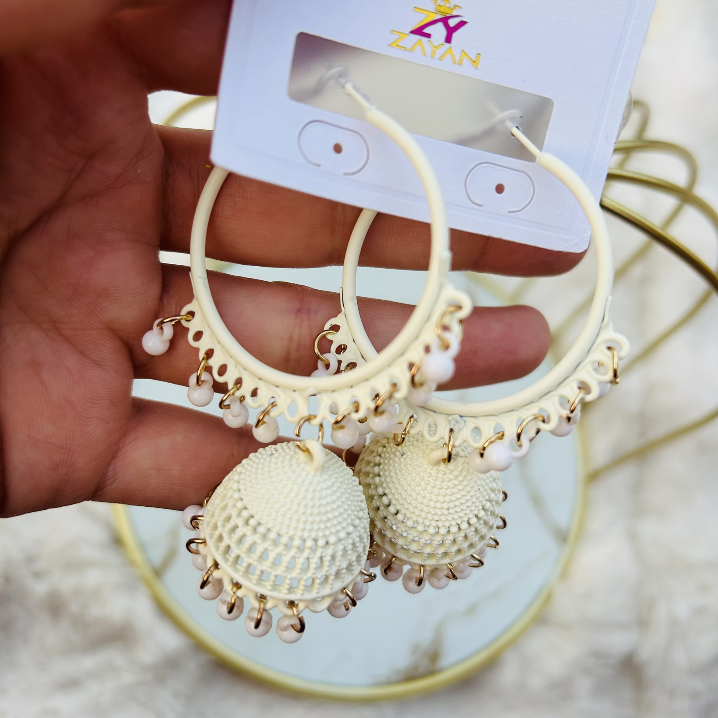 Zayan Series Fusion Hoop Jhumkas (Vanilla White)