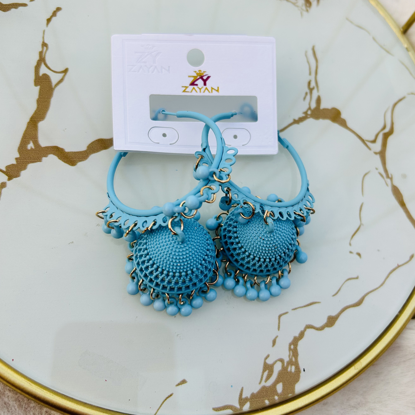 Zayan Series Fusion Hoop Jhumkas (Cyan Splash)