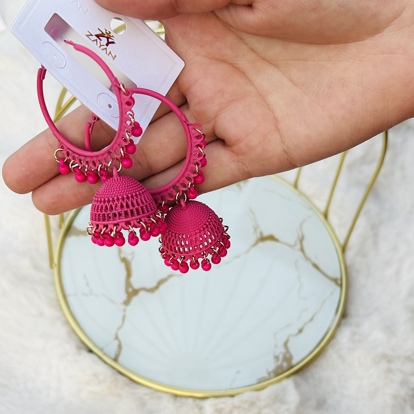 Zayan Series Fusion Hoop Jhumkas (Hot Pink)