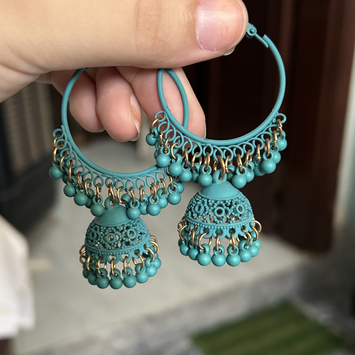 Teal-Tronic Jhumka Hoops
