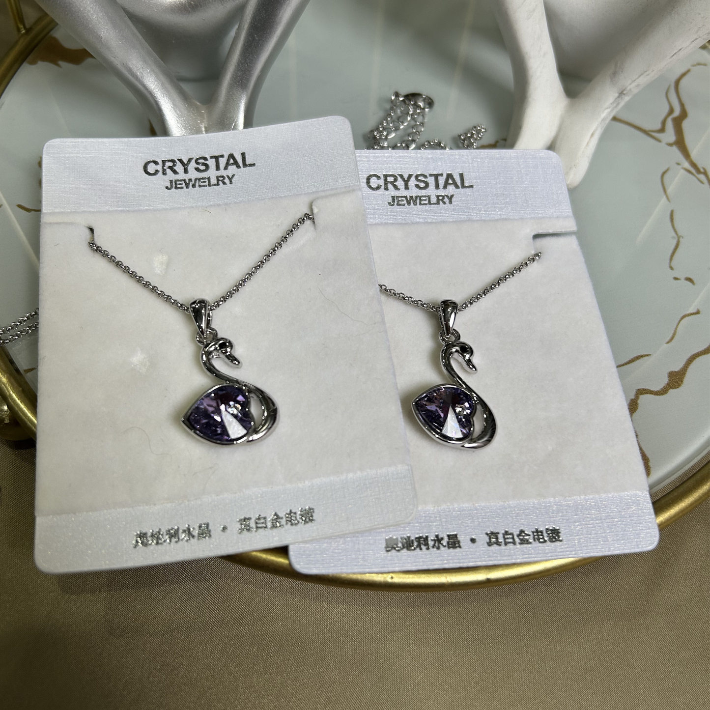Silver Swan Necklace (Shaded Blue Heart)